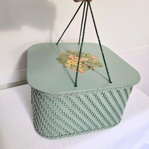 Vtg Harvey Sewing Basket Wicker W Lid Square Green Pink Floral Farmhouse Country